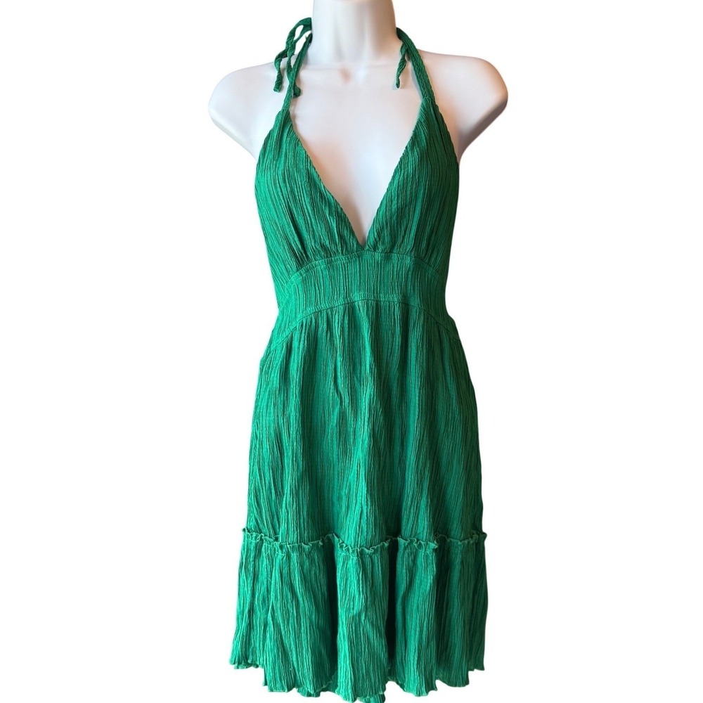 Halter Plunge Neck Open Back Tiered Dress Green Estimated Womens Small/Medium